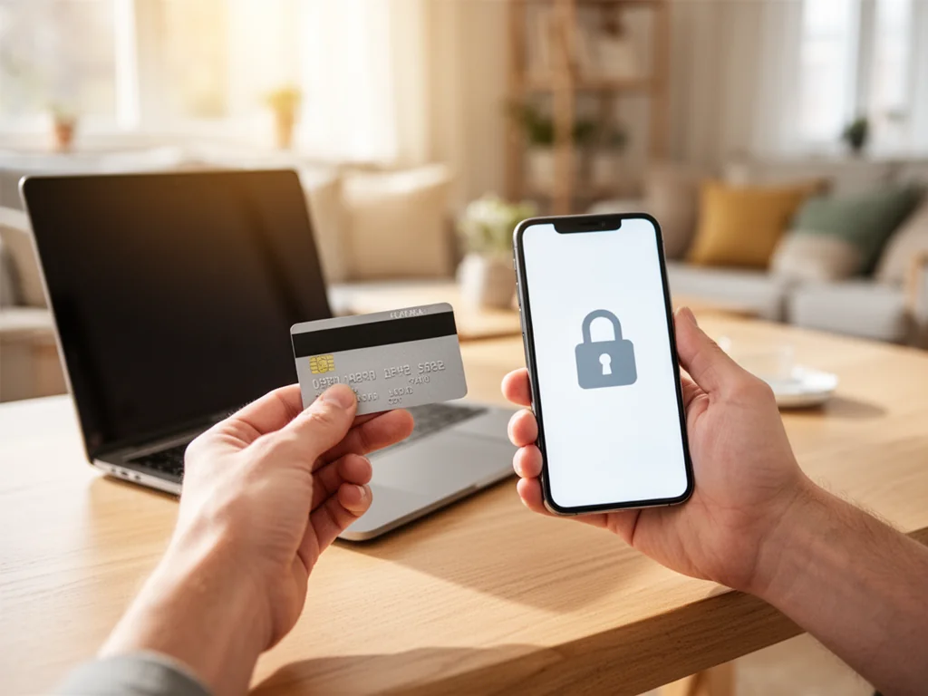 Dłonie trzymają kartę i smartfon z ikoną kłódki, obok laptop – symbol bezpiecznych, wygodnych zakupów online w domu.