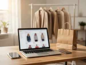 Prosta, elegancka biała suknia ślubna na wieszaku w jasnym, minimalistycznym atelier, w romantycznym, lekkim klimacie.