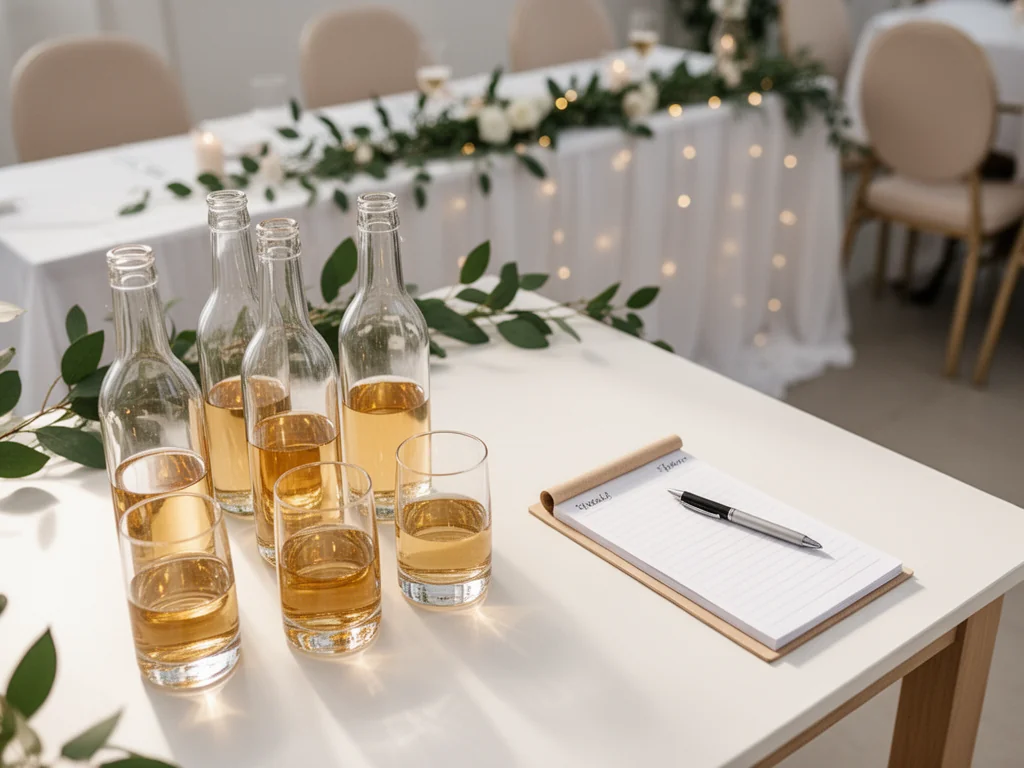 Elegancki stół weselny z butelkami alkoholu, kieliszkami i notesem, symbolizujący planowanie ilości trunków na przyjęcie.