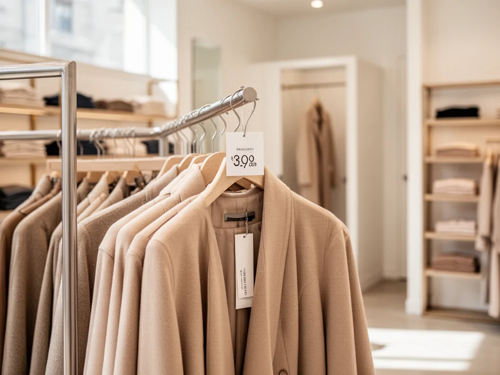 Elegancka butikowa aranżacja z ubraniami premium na wieszaku i obniżoną ceną, sugerująca tańsze zakupy high-end