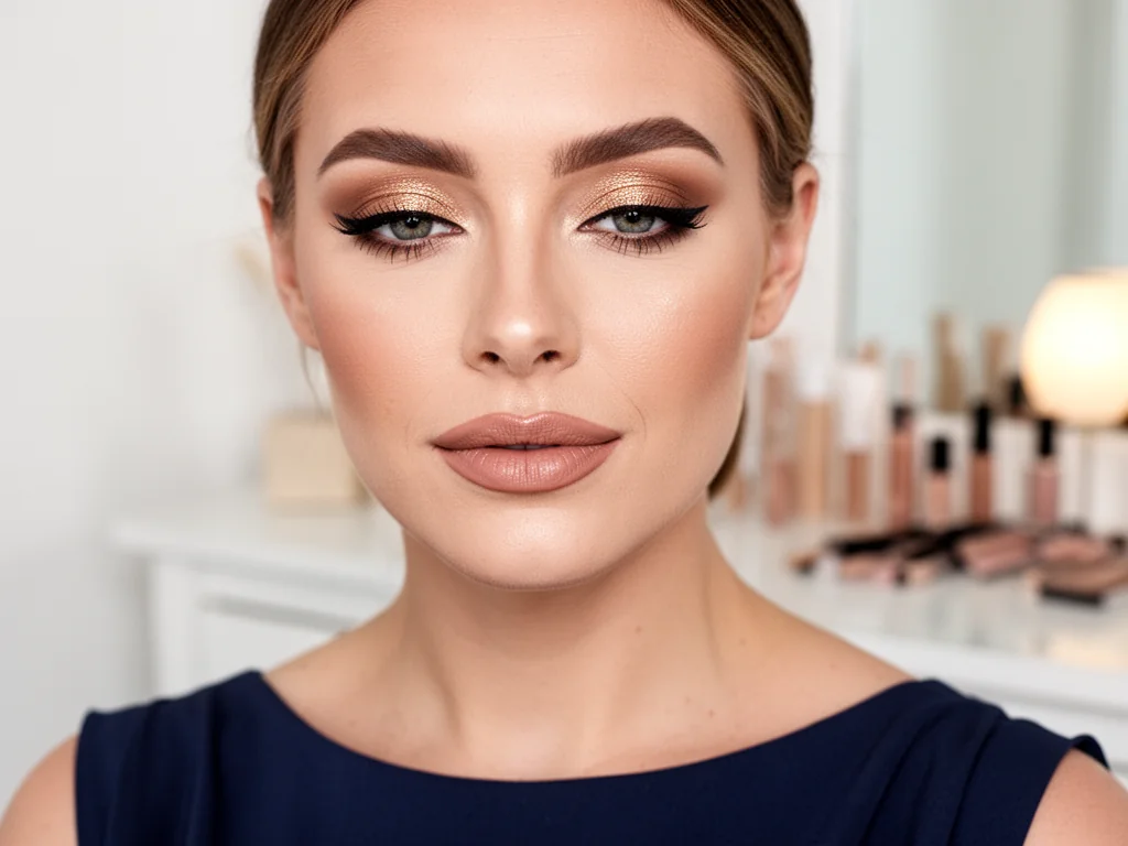 Elegancka kobieta w granatowej sukience z ciepłym, nude makijażem i złotym połyskiem na powiekach, idealnym do wieczorowej stylizacji