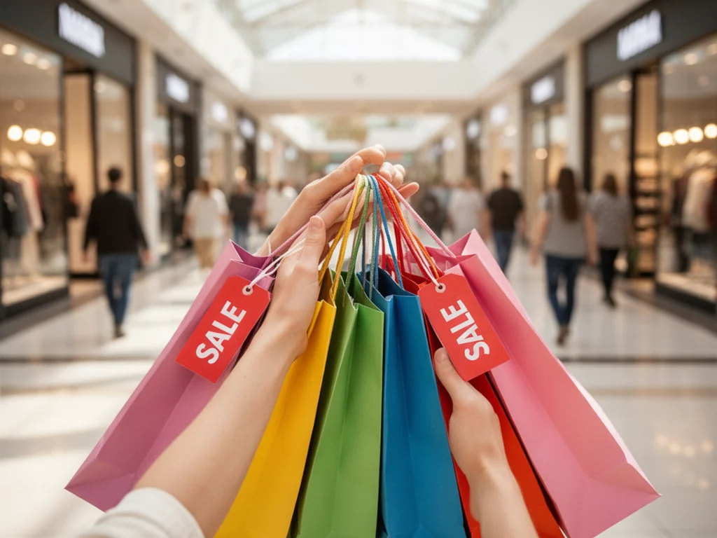 Kolorowe torby zakupowe z metkami „sale” w nowoczesnej galerii handlowej, symbol rozpoczęcia sezonu wyprzedaży.