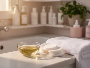 Kobieta nakłada naturalny makijaż pędzlem przed lustrem, tworząc delikatny, weselny look w ciepłym świetle dziennym.