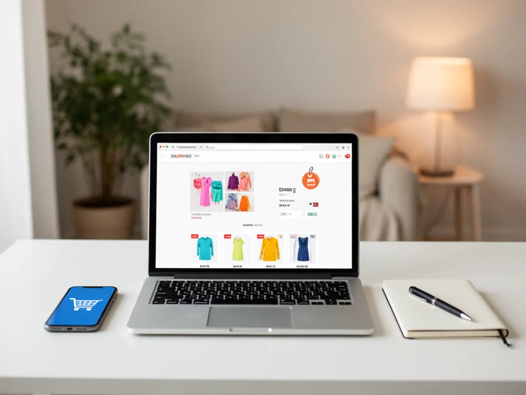 Laptop i smartfon z ikonami zakupów online na minimalistycznym biurku, symbol oszczędnych zakupów w domowym zaciszu.