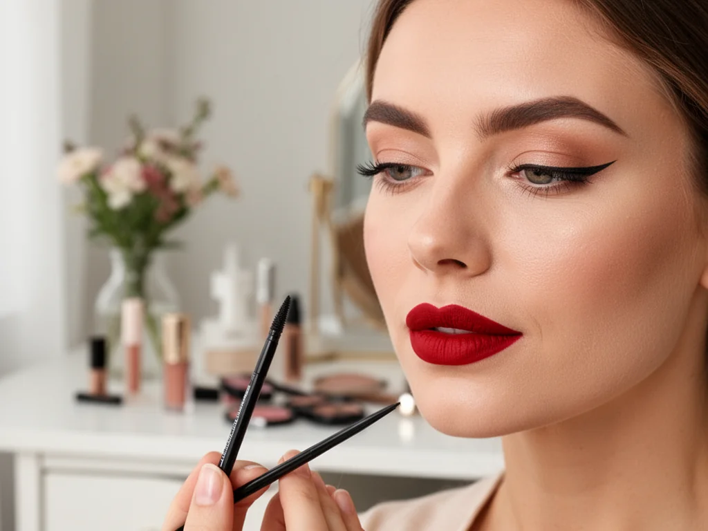 Kobieta z eleganckim makijażem francuskim, z kreską eyelinerem i czerwonymi ustami, poprawia makijaż przy lustrze.