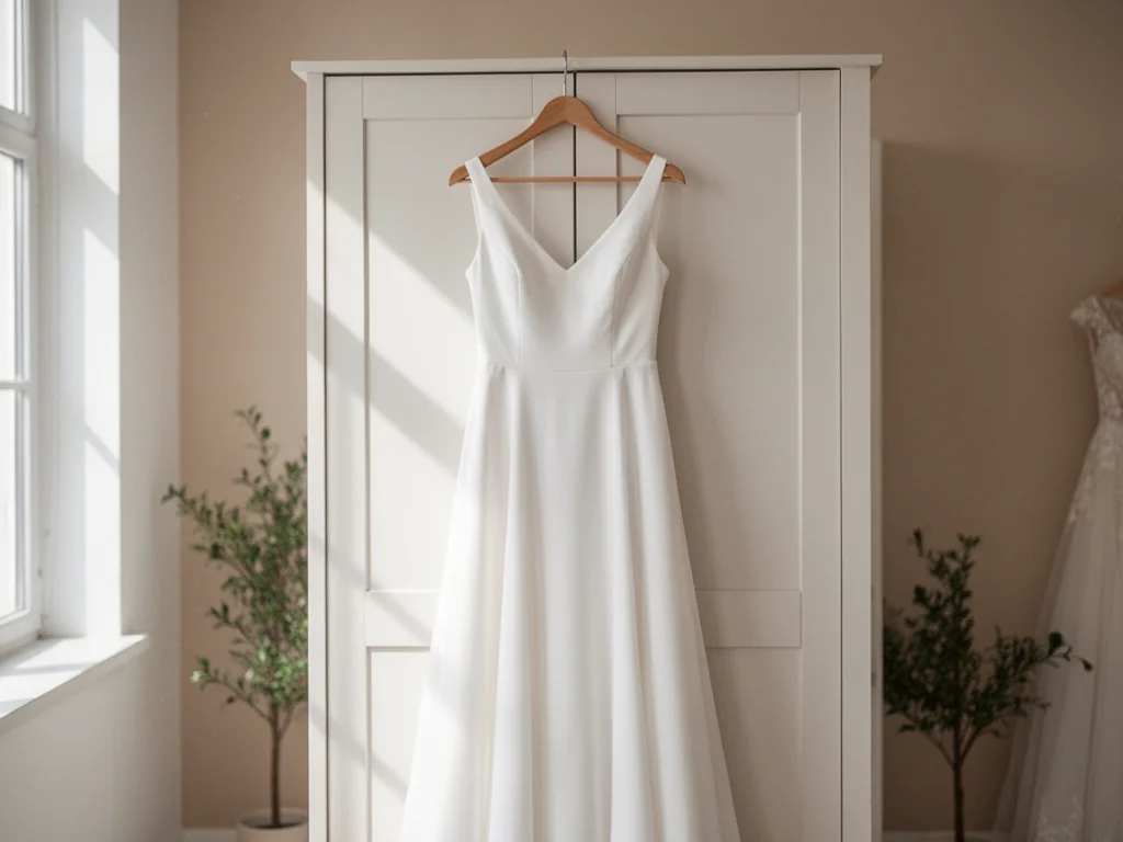 Prosta, elegancka biała suknia ślubna na wieszaku w jasnym, minimalistycznym atelier, w romantycznym, lekkim klimacie.