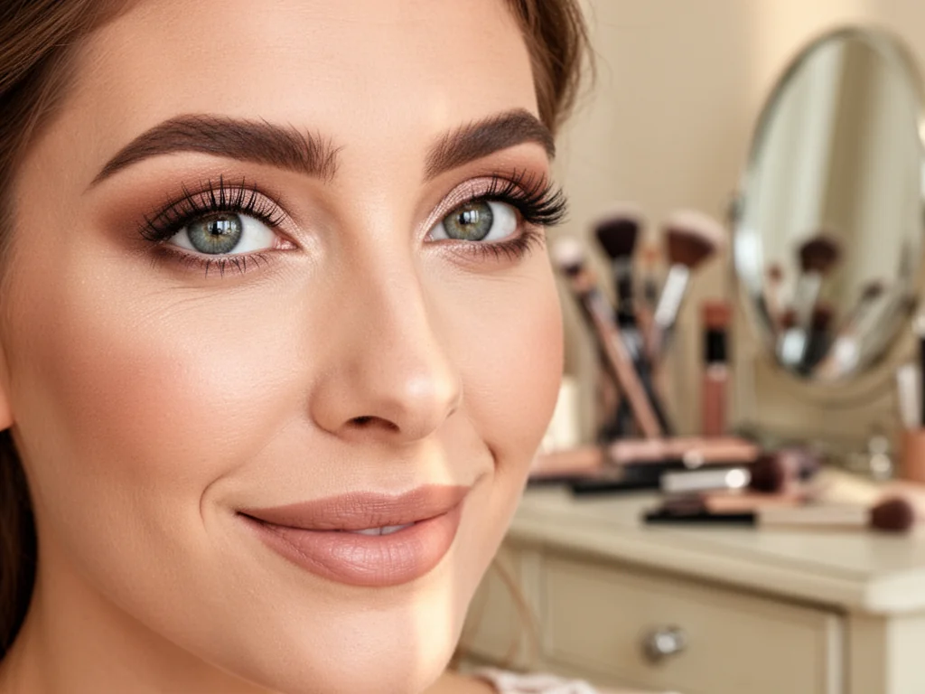 Kobieca twarz z dużymi oczami w subtelnym, zmysłowym makijażu, pokazująca naturalny efekt malowania oczu.