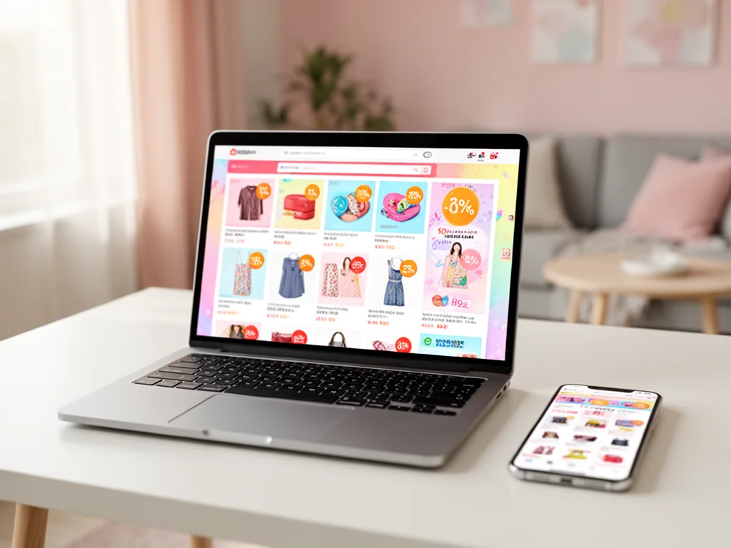 Laptop i smartfon z kolorową stroną sklepu online, widoczne ikony procentowych rabatów, zakupy w promocji w domu.