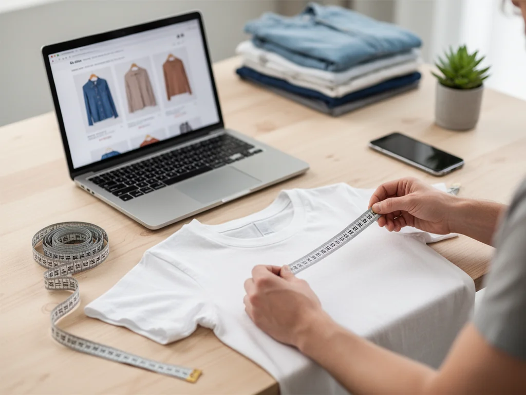 Osoba mierzy t‑shirt miarką krawiecką, korzystając z tabeli rozmiarów na laptopie, aby dobrać rozmiar w sklepie online.