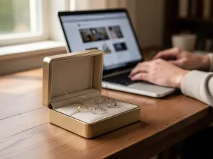 Elegancka butikowa aranżacja z ubraniami premium na wieszaku i obniżoną ceną, sugerująca tańsze zakupy high-end