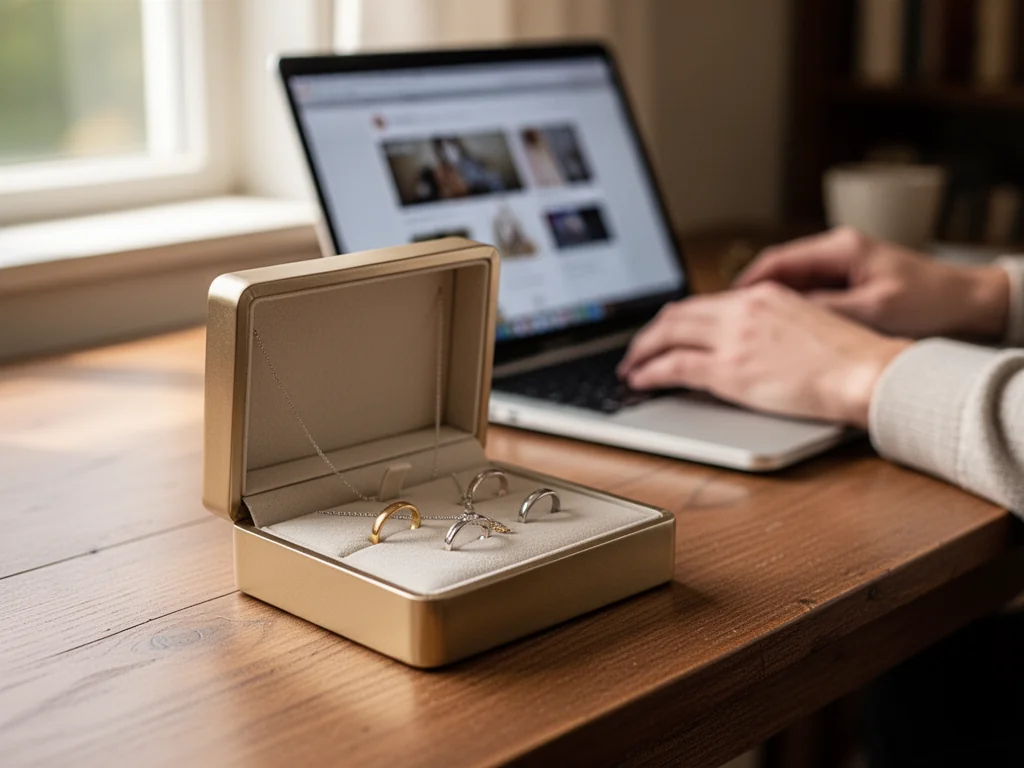 Eleganckie pudełko z biżuterią obok laptopa, symbolizujące zakupy pierścionków i naszyjników w sklepie online