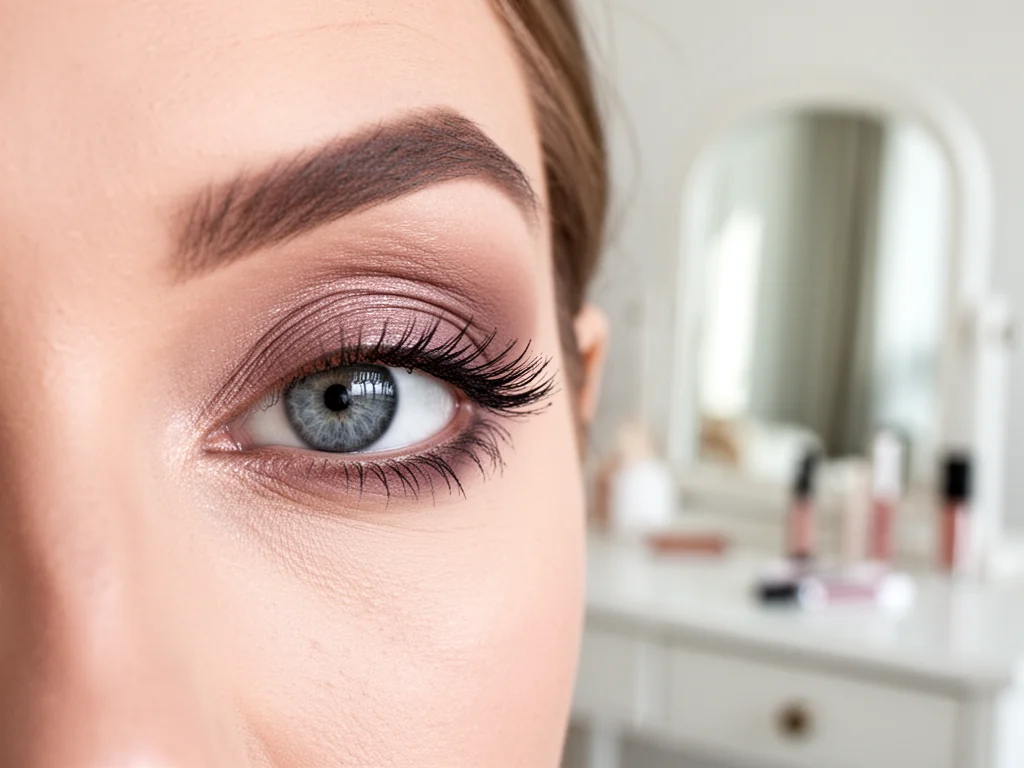 Zbliżenie szarego oka z subtelnym makijażem w taupe i mauve, ukazujące sposób podkreślenia koloru tęczówki