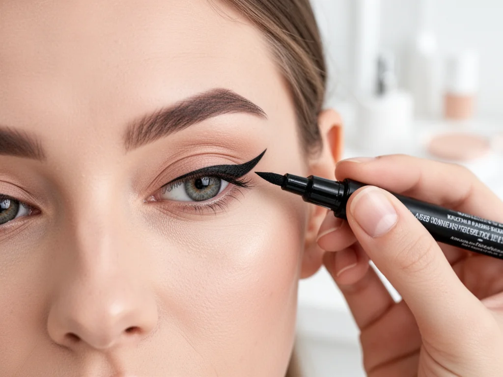 Zbliżenie oka, dłoń maluje precyzyjną jaskółkę czarnym eyelinerem, minimalistyczny, jasny makijaż dzienny.