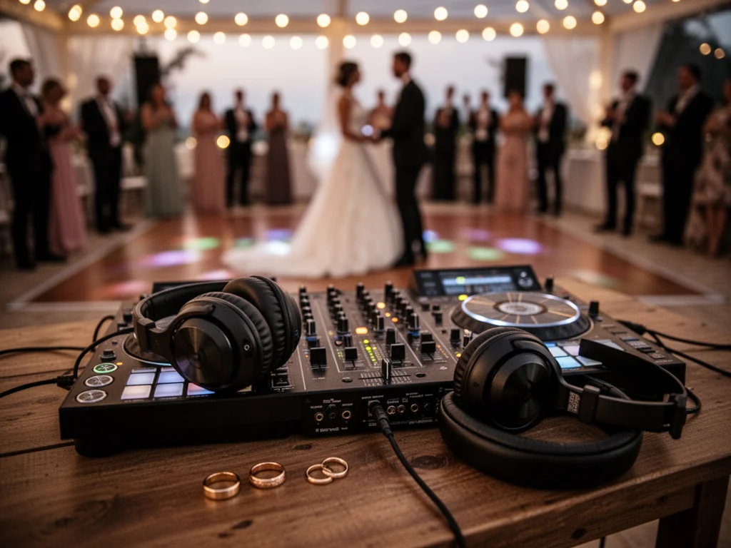 Profesjonalna konsola DJ i słuchawki z obrączkami ślubnymi, w tle roztańczona para młoda i goście w ciepłym świetle.
