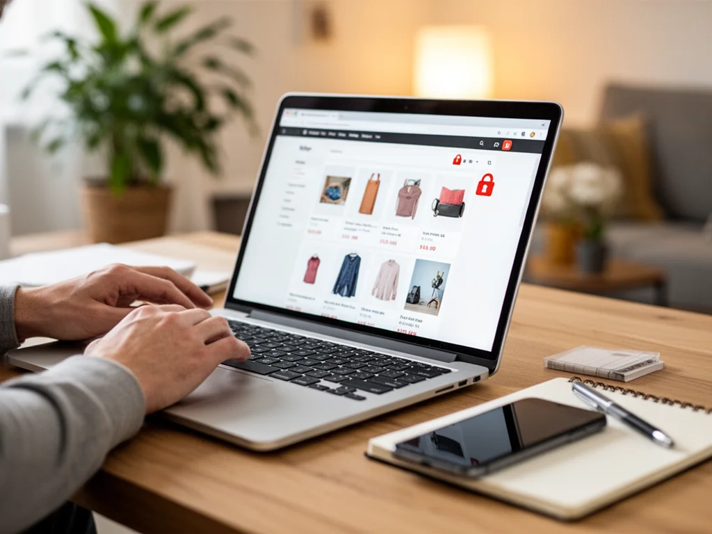 Laptop z otwartym sklepem internetowym i ikoną kłódki, obok smartfonu i notesu, sugeruje bezpieczne zakupy online.