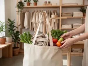 Minimalistyczna szafa kapsułowa z neutralnymi basicami na wieszaku i złożonymi ubraniami, w nowoczesnym, przytulnym wnętrzu.