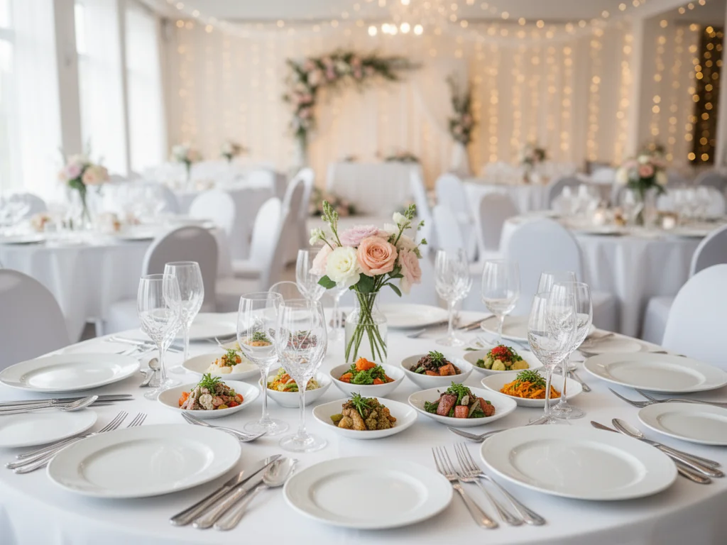 Elegancki stół weselny z degustacyjnymi daniami, prezentujący przykładowe menu w jasnej, nowoczesnej sali przyjęć.