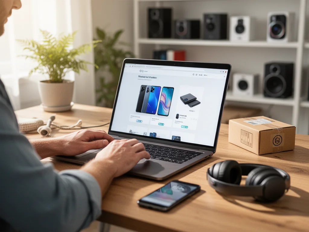 Osoba porównuje elektronikę na laptopie w domowym biurze, z telefonem, słuchawkami i paczką gotową do wysyłki na biurku.