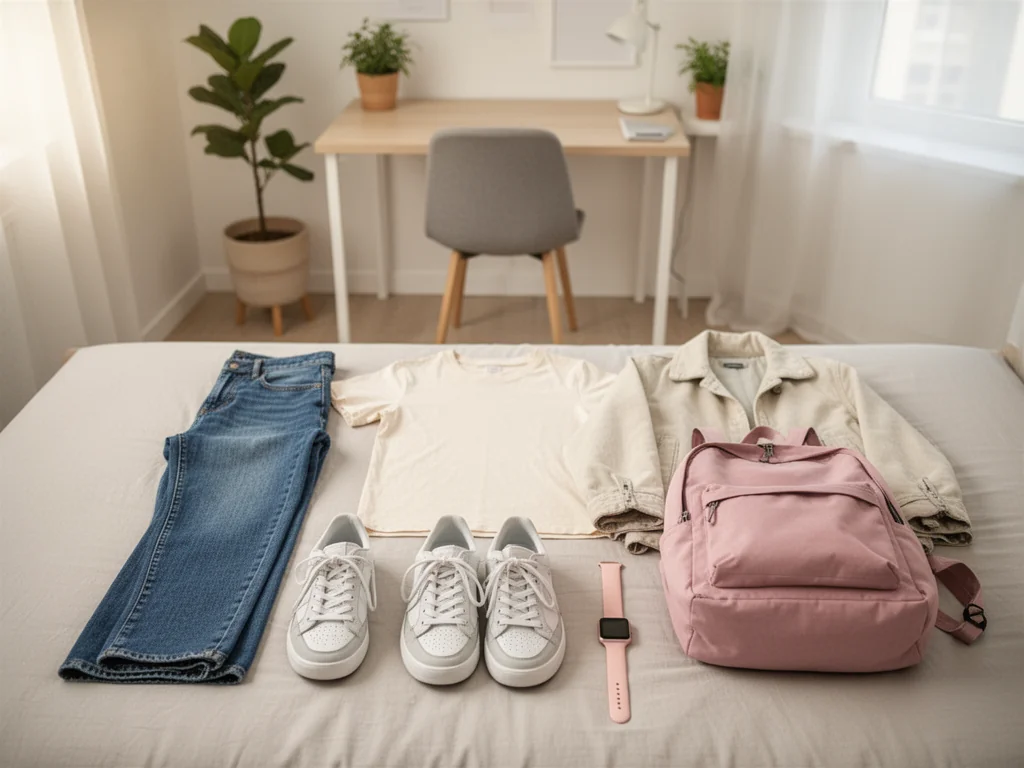 Studencki zestaw ubrań na łóżku: jeansy, T‑shirt, sneakersy, lekka kurtka i plecak w tanim, stylowym wydaniu