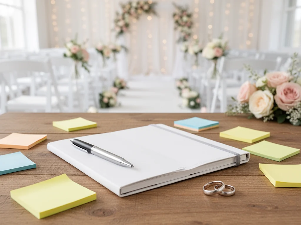 Minimalistyczny planner ślubny z obrączkami na stole, w tle elegancka sala weselna – symbol uporządkowanej organizacji wesela.