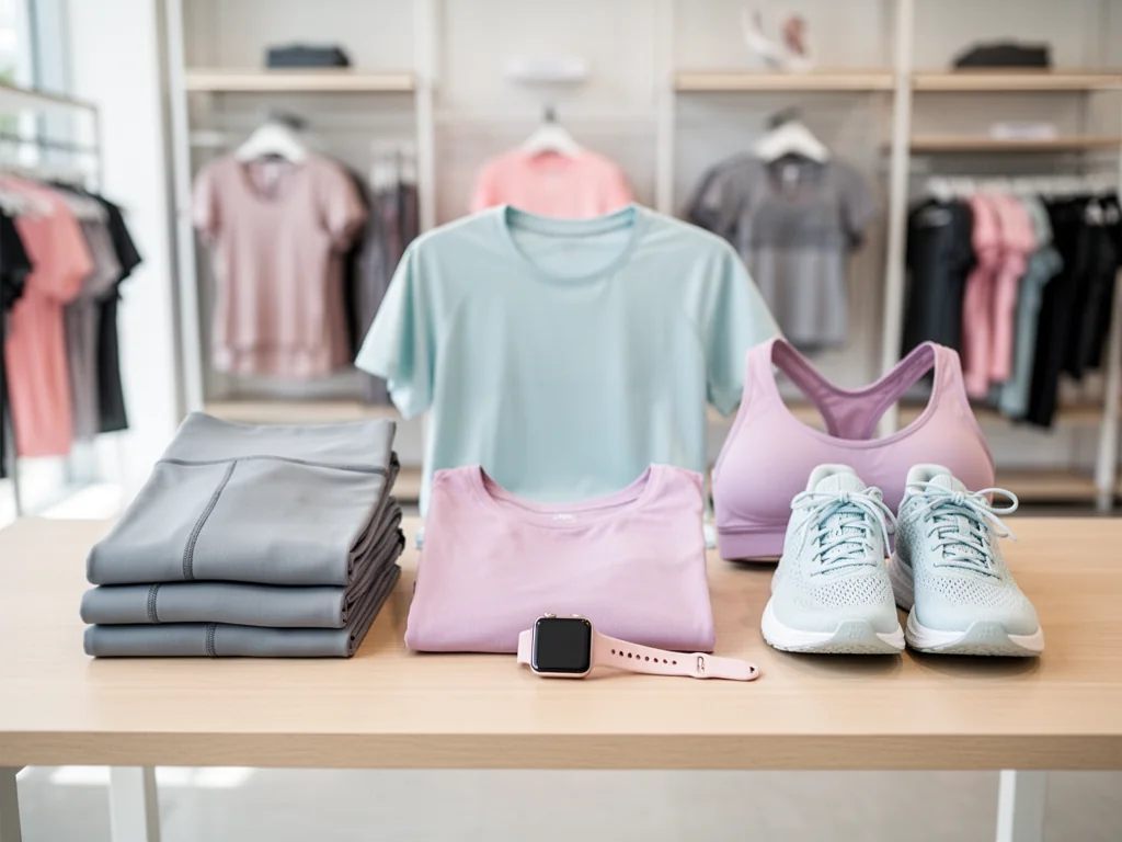 Pastelowy zestaw sportowych ubrań i akcesoriów ułożony na stole w nowoczesnym sklepie, podkreślający jakość odzieży sportowej.