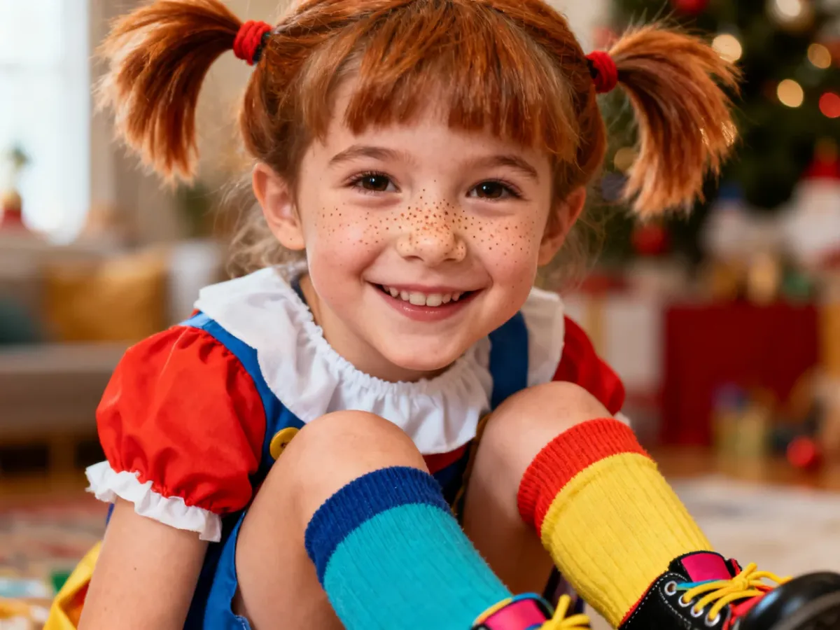 Dziecko w różnych podkolanówkach i z piegami jak Pippi
