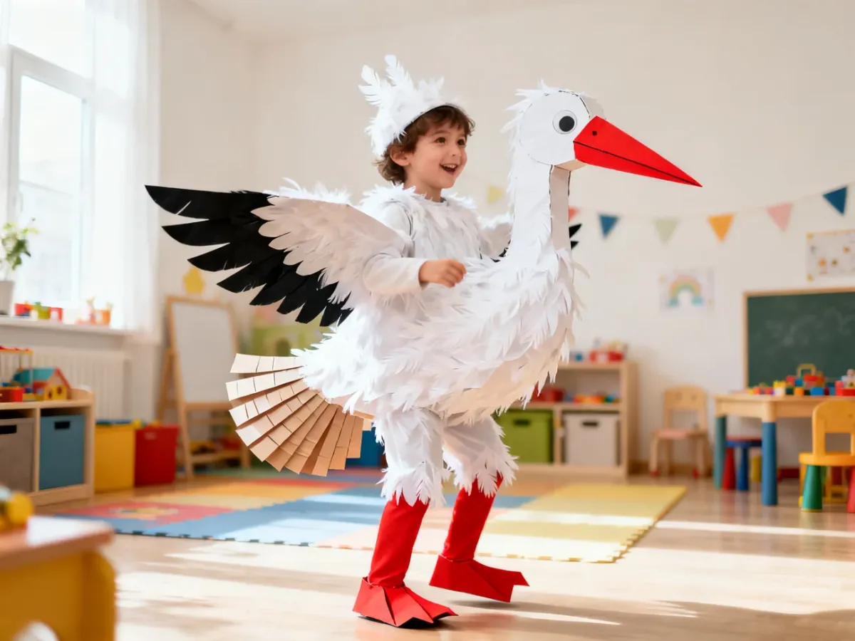 Dziecko w kompletnym, domowym stroju bociana