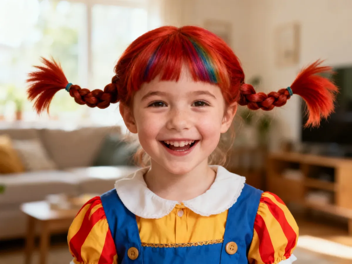 Dziecko z charakterystycznymi sterczącymi warkoczami Pippi