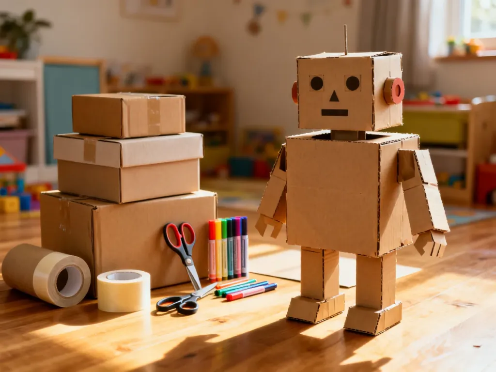 Materiały do wykonania dziecięcego stroju z kartonu: pudełka, taśmy i narzędzia obok częściowo złożonego kostiumu robota.