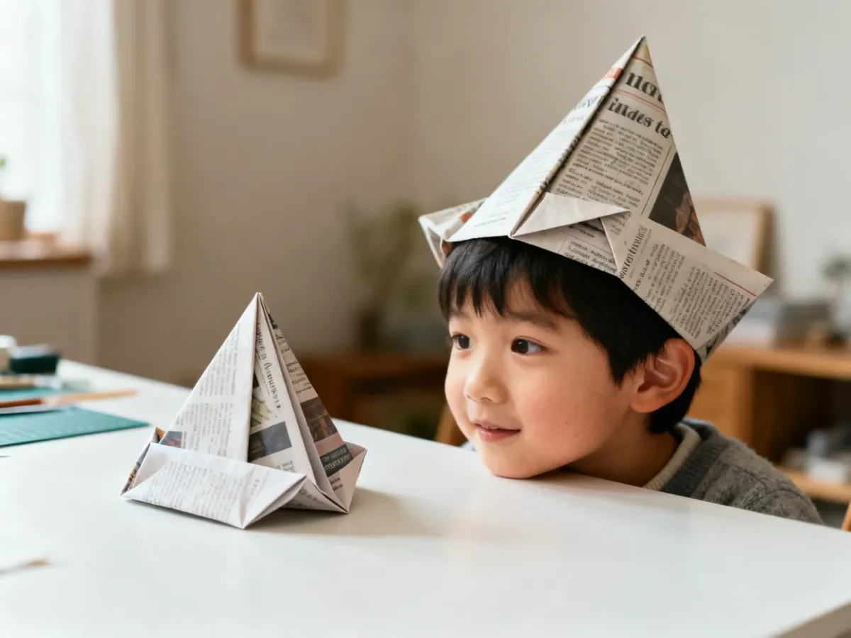 Dziecko w lekkiej czapce origami wykonanej z gazety