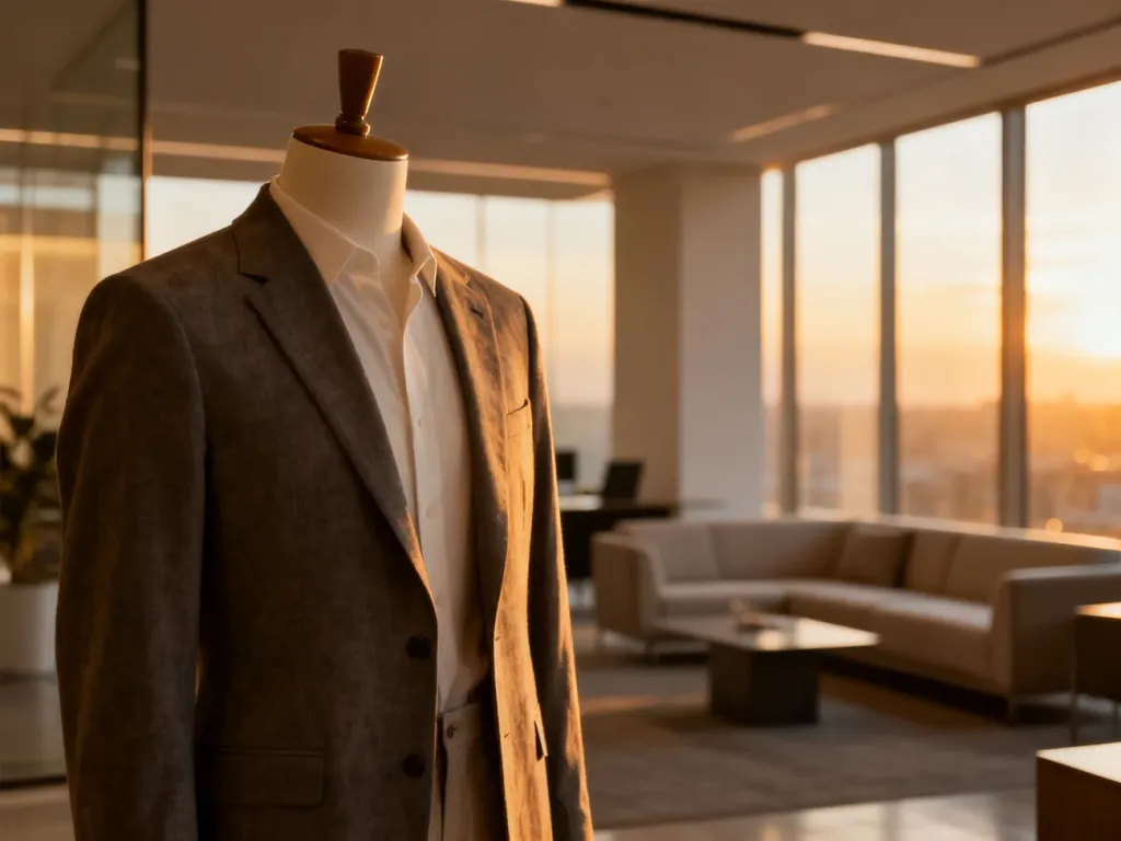 Elegancki strój w stylu business casual na manekinie w nowoczesnym biurowym wnętrzu o wieczorowym oświetleniu.