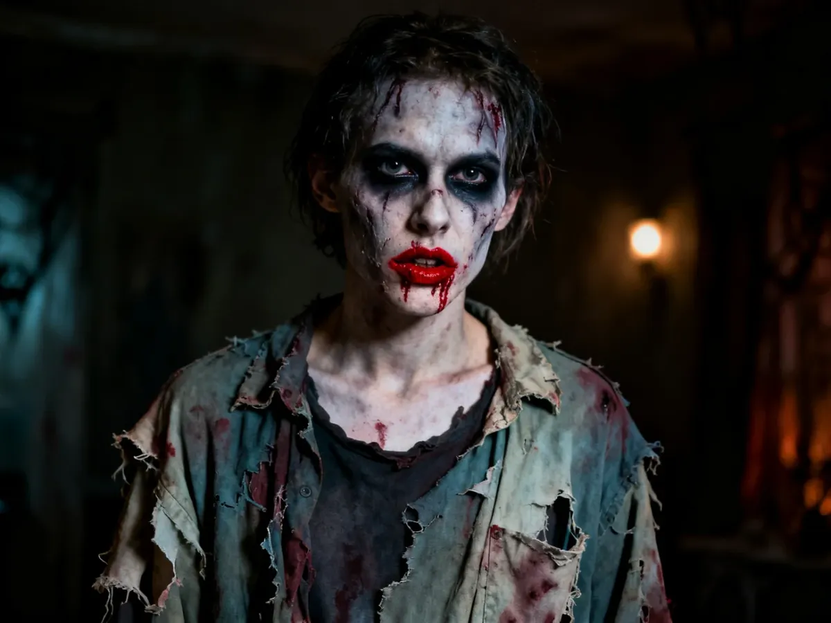 Osoba w prostym stroju zombie ze zniszczonych ubrań i bladym makijażem