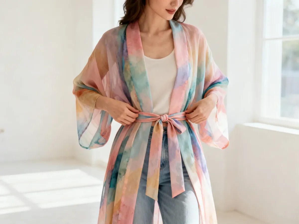 Kobieta wiążąca pasek nowoczesnej narzutki kimono w talii