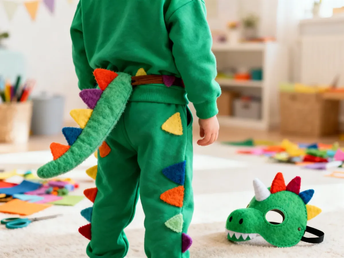 Dziecko w stroju dinozaura wykonanym z gotowych ubrań i filcowych ozdób