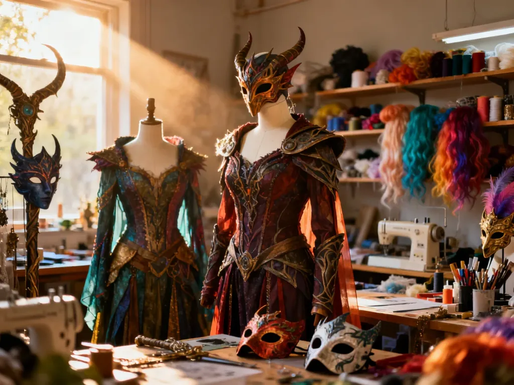 Wystawa ręcznie wykonanych kostiumów i rekwizytów cosplayowych w pracowni pełnej materiałów do tworzenia strojów.