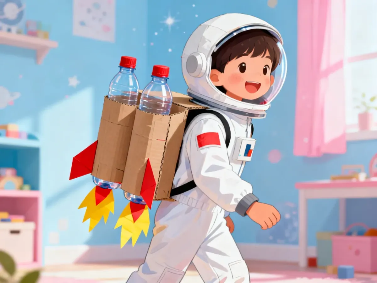 Dziecko w stroju astronauty z kartonowym plecakiem rakietowym