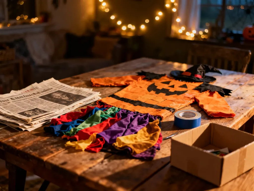 Materiały do samodzielnego wykonania stroju na Halloween, takie jak gazety, tkaniny i kartony, ułożone na drewnianym stole.