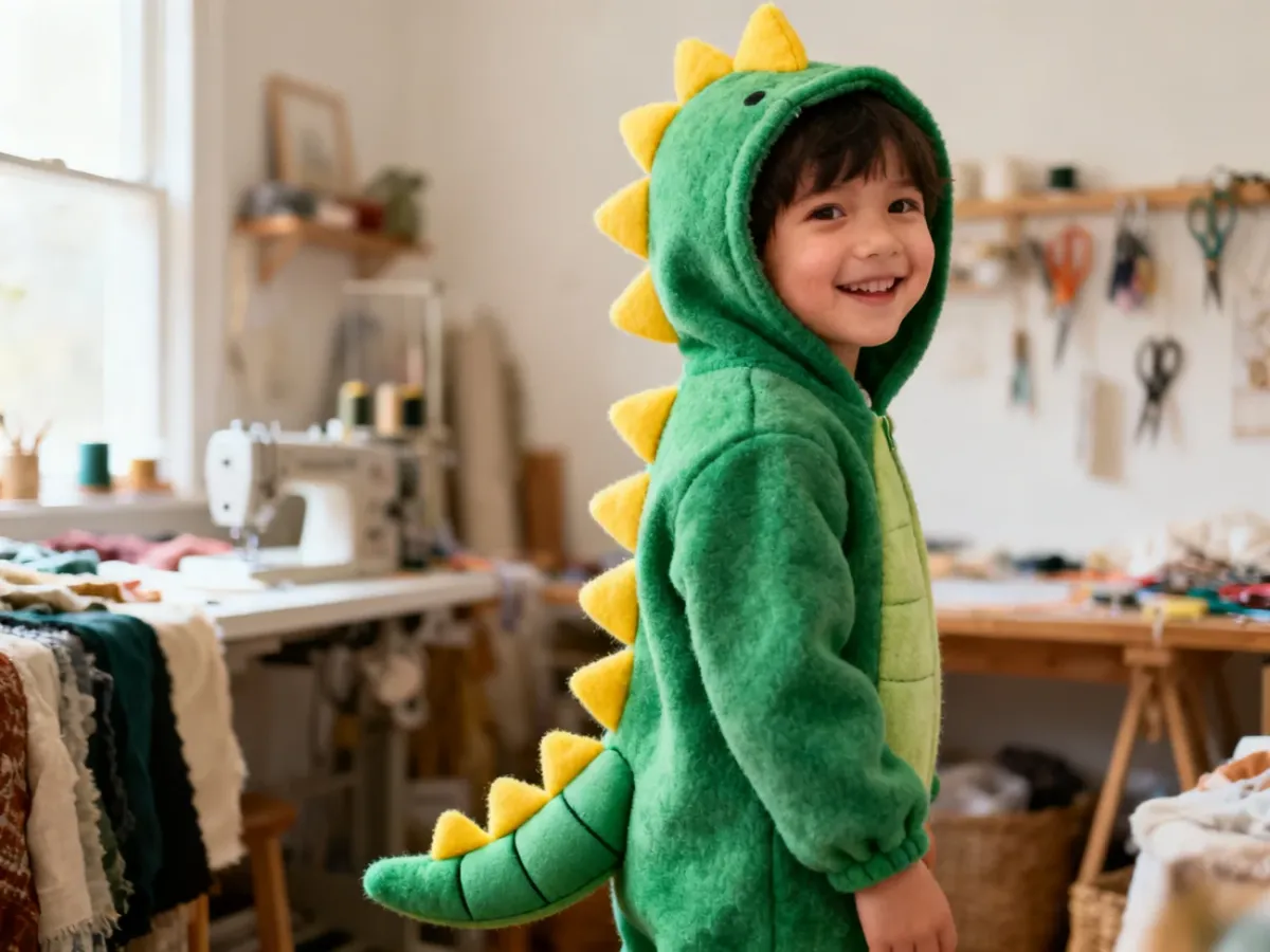 Dziecko w ręcznie uszytym zielonym kombinezonie dinozaura z żółtymi kolcami