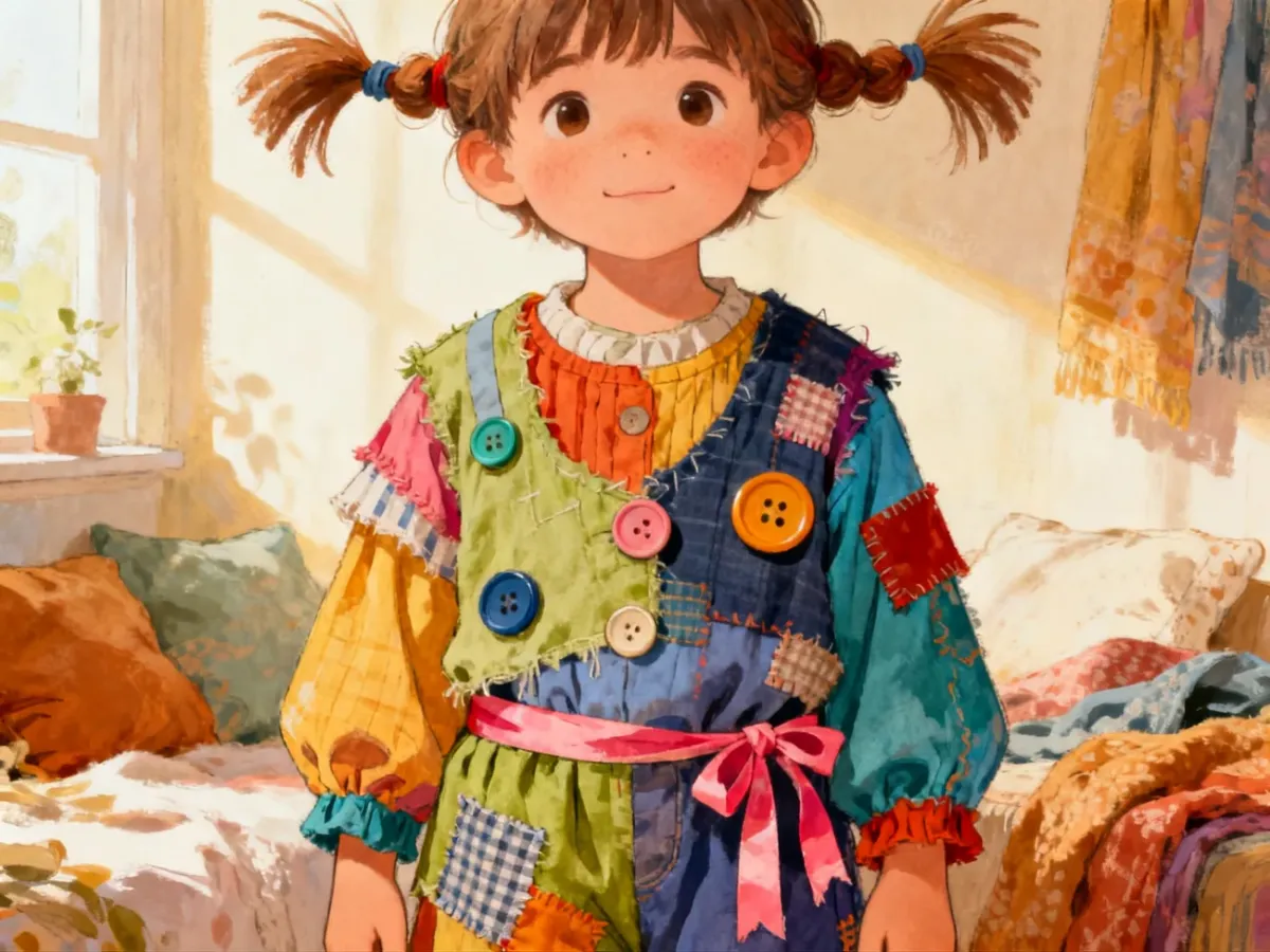 Kolorowy, warstwowy strój Pippi z łatami i guzikami