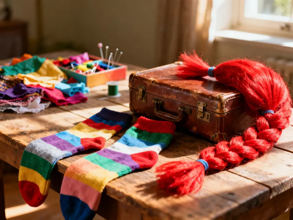Akcesoria do stroju Pippi Pończoszanki: kolorowe skarpetki, ruda peruka i walizka ułożone na drewnianym stole.