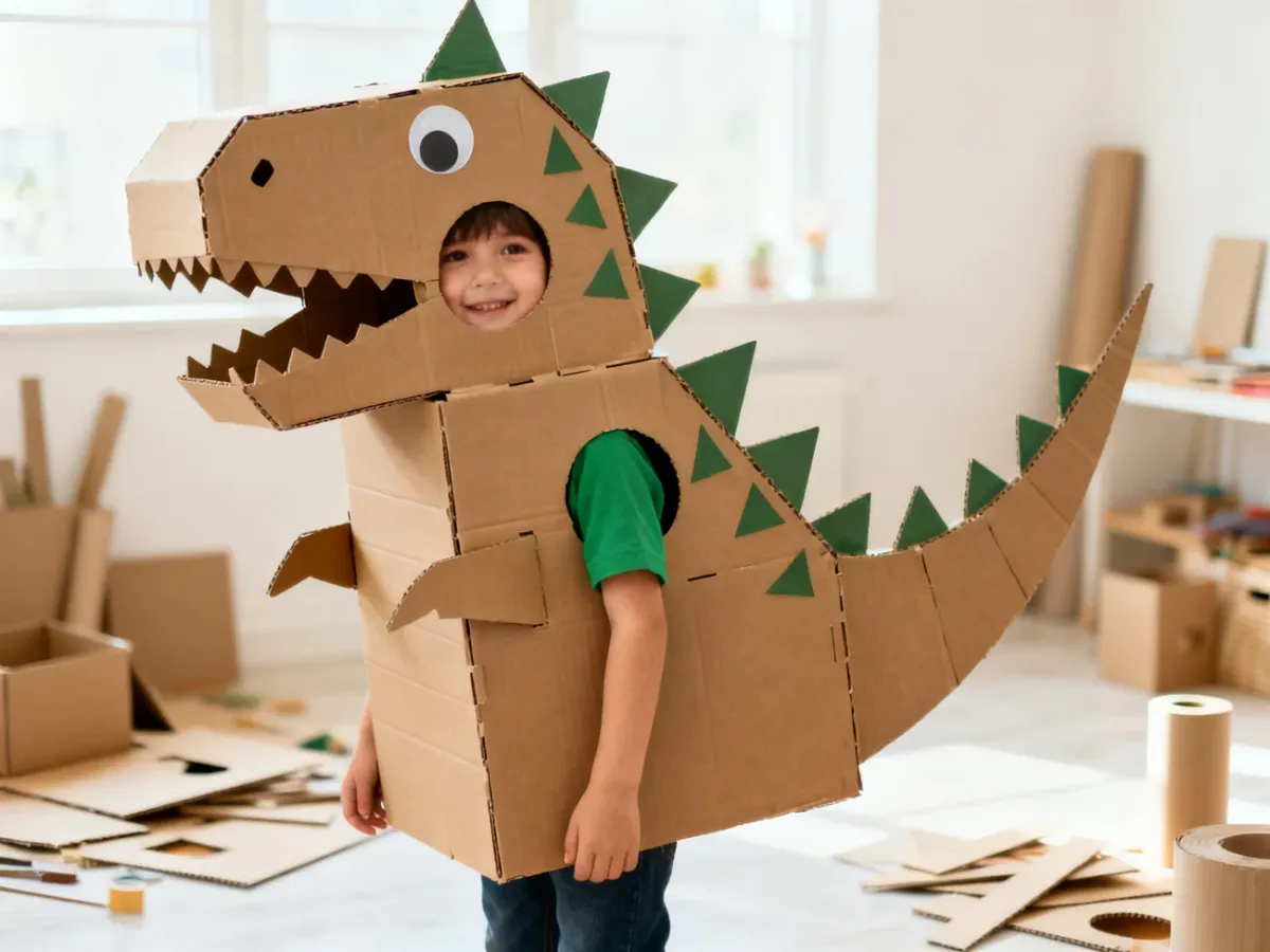 Dziecko w lekkim kartonowym stroju dinozaura z głową, ogonem i płytami grzbietowymi