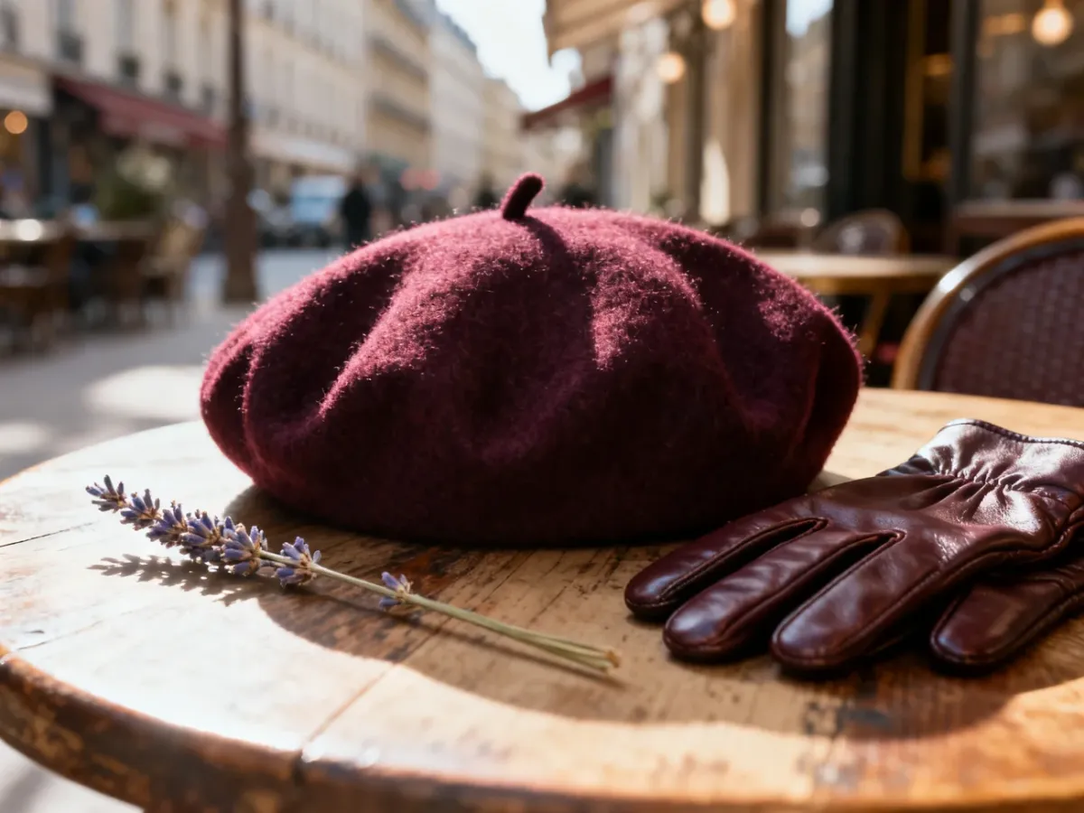 Wełniany beret w kolorze burgundu leżący na drewnianym stole obok skórzanych rękawiczek i gałązki lawendy.