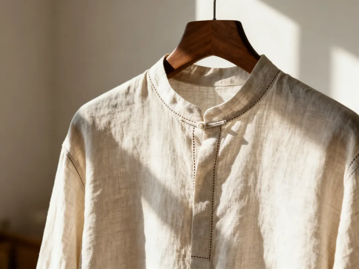 Lniana koszula ze stójką na drewnianym wieszaku, prezentująca wysoką jakość materiału i eleganckie wykończenie detali.