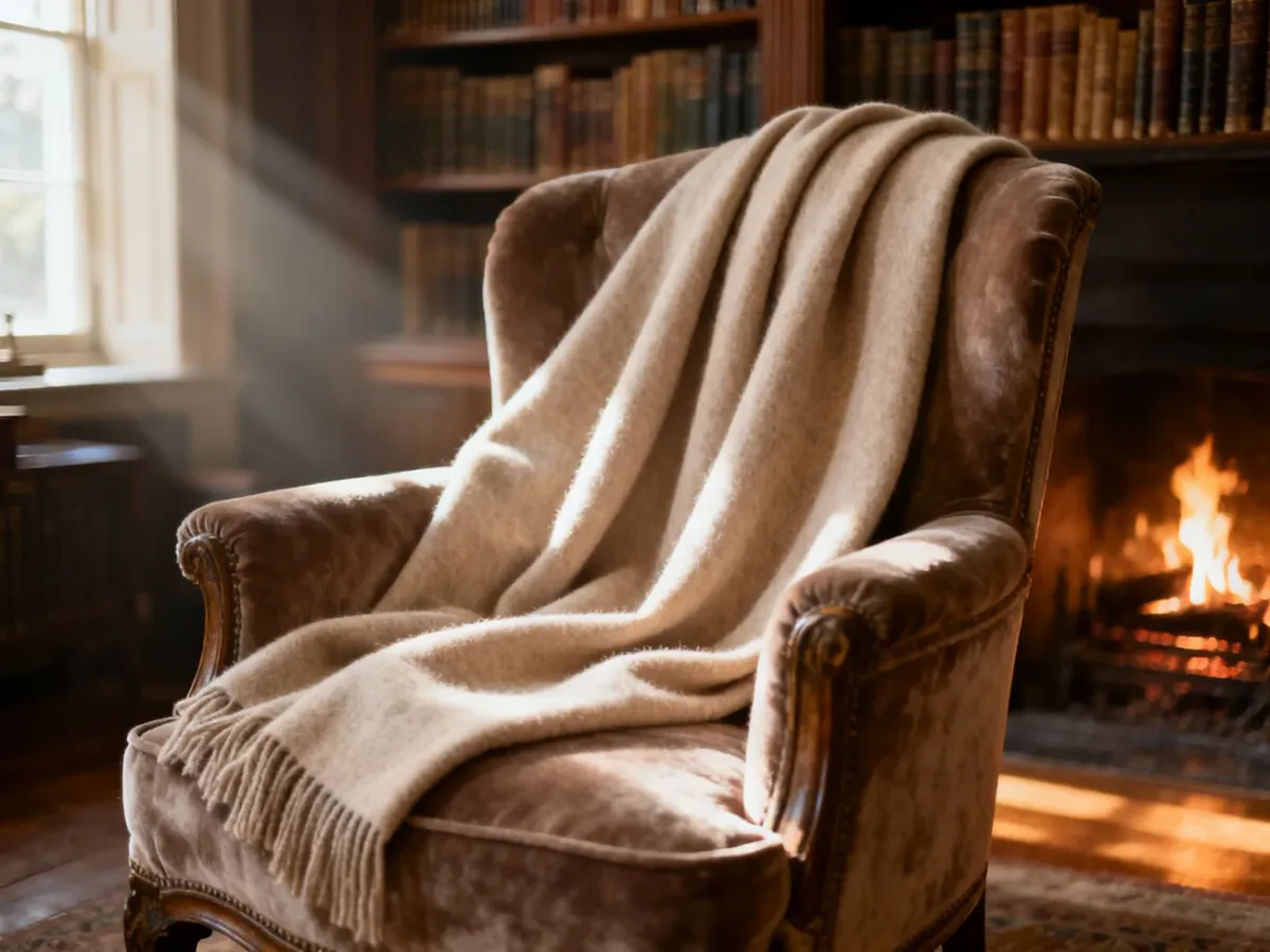 Beżowy wełniany szal narzucony na zabytkowy fotel w przytulnej bibliotece, tworzący atmosferę elegancji i spokoju.