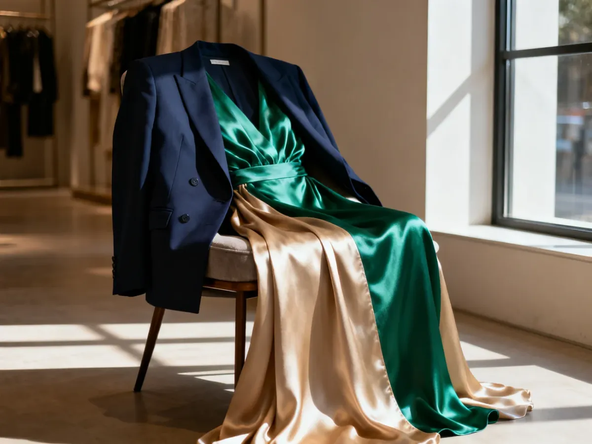 Granatowa marynarka zestawiona z elegancką sukienką w kolorze szampana lub szmaragdu, prezentująca propozycję stylizacji.