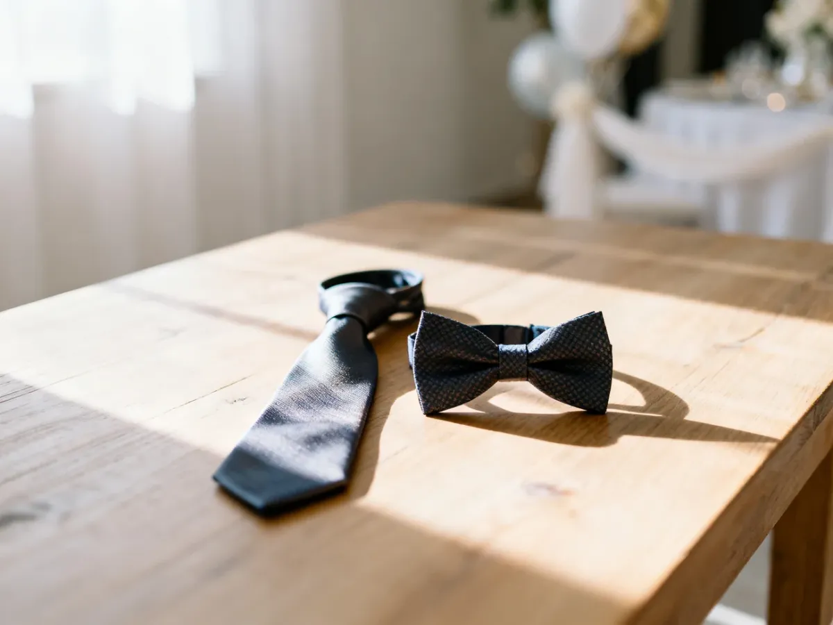 Elegancki jedwabny krawat i stylowa mucha leżące obok siebie na drewnianym stole w jasnym, uroczystym otoczeniu.