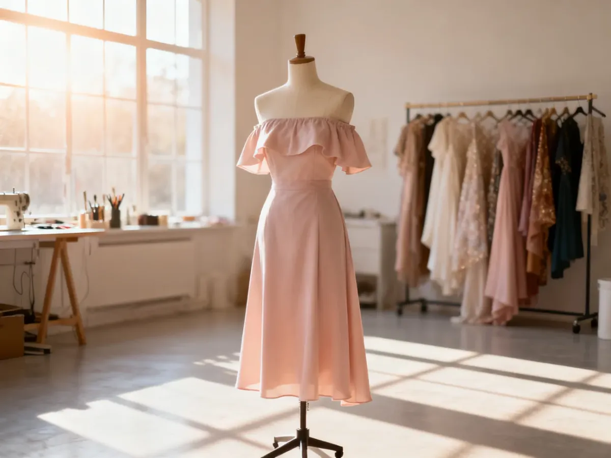 Stylowa sukienka hiszpanka wyeksponowana na manekinie w jasnym, minimalistycznym atelier modowym.