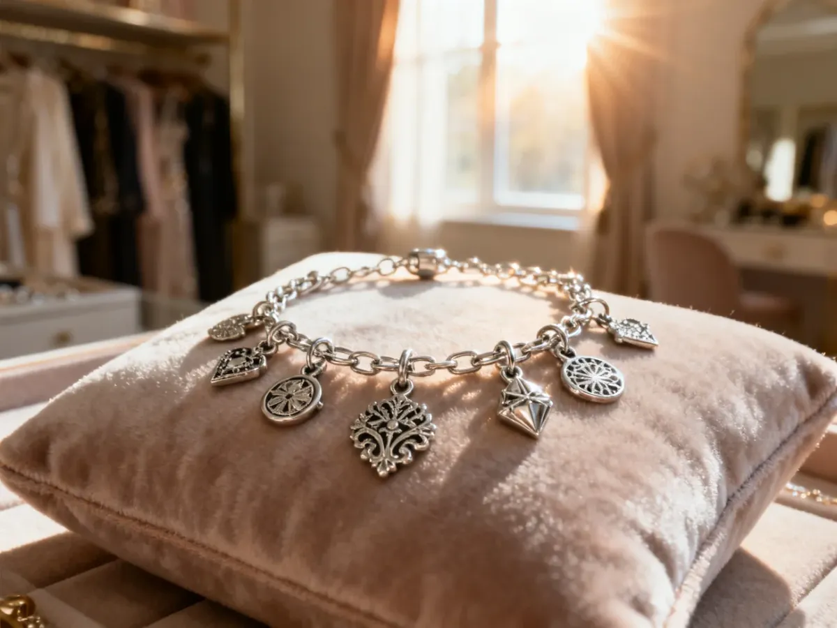 Srebrna bransoletka typu Pandora z ozdobnymi charmsami na aksamitnej poduszce w eleganckim wnętrzu.