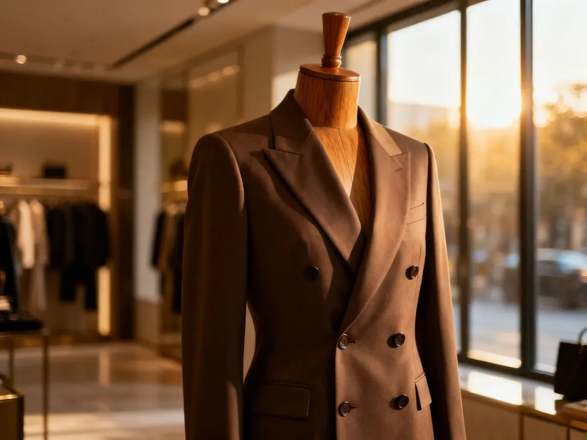 Elegancka, taliowana marynarka dwurzędowa na drewnianym manekinie w stylowym wnętrzu butiku.