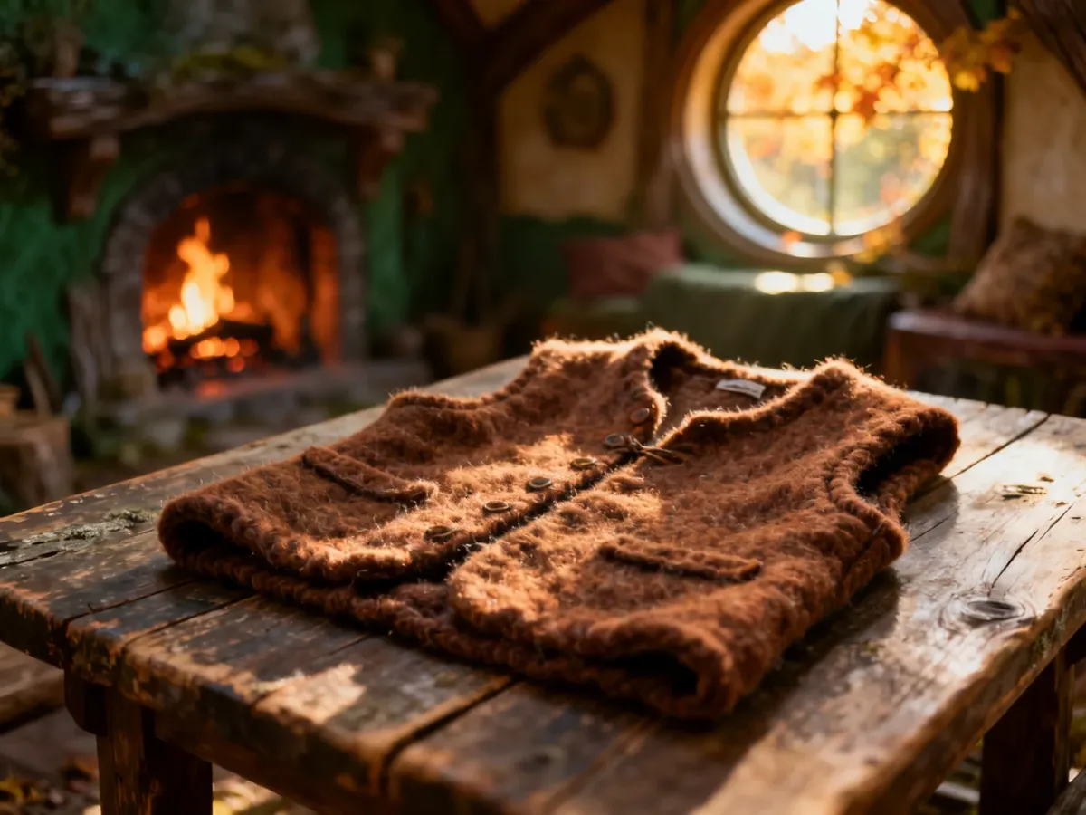Ręcznie wykonana kamizelka hobbita z brązowej wełny leżąca na drewnianym stole w przytulnym, rustykalnym wnętrzu.